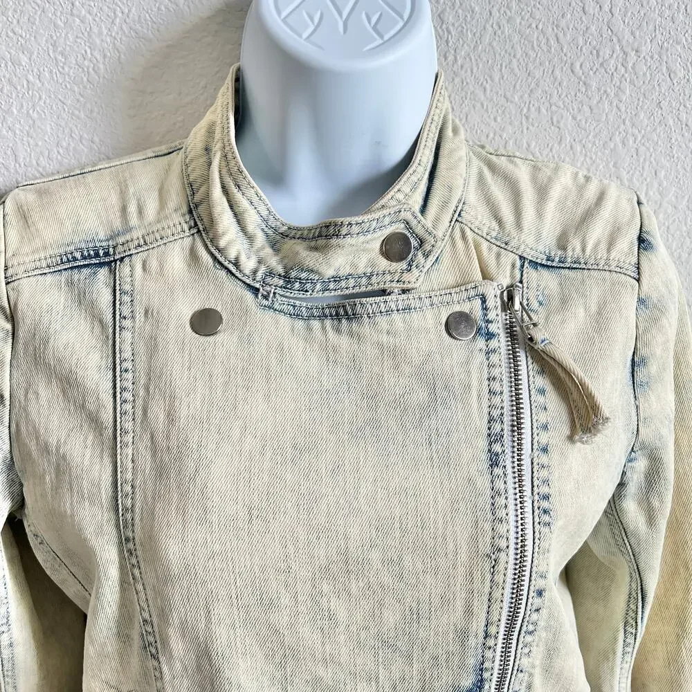 IRO Moto Bleached Acid Wash Denim Jacket Women's XS Pockets Jean Stretch